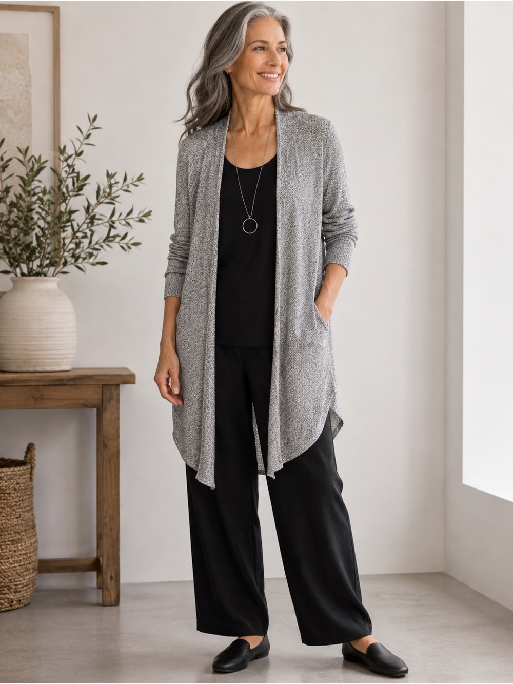 Eileen Fisher Open Front Long Cardigan M Soft Minimalist Duster Sweater